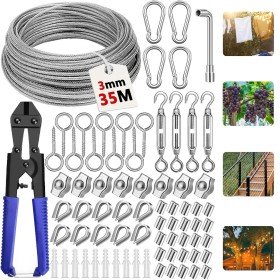 MWZEAUL 35m Cable Acero Alambre Plastificado,74pcs Kit de Cable Acero 3mm con Corta Cables,Tensor Cable Acero,para Cuerda