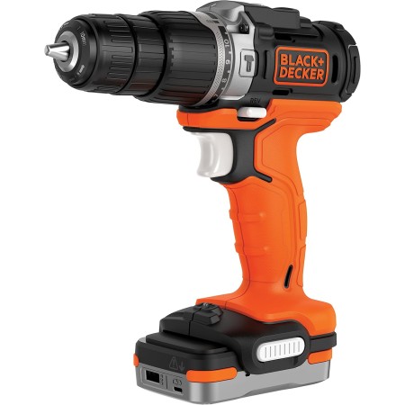 BLACK+DECKER Taladro Percutor 12V, Batería de Litio 1.5Ah, Portabrocas 10mm, 2 Velocidades, Par máximo 40Nm, Luz LED, Incluye