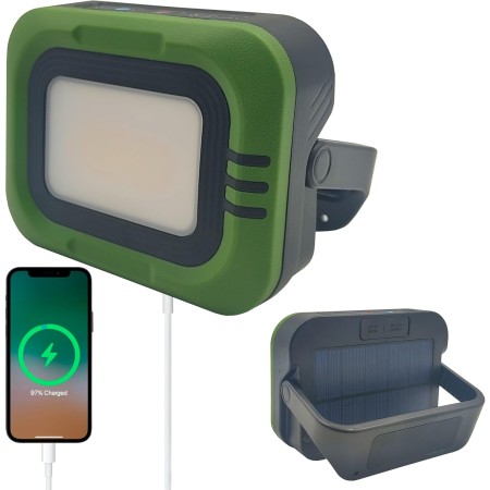 Foco Solar Portátil, Power Bank, USB Recargable, Luz Trabajo Regulable, 2 Modos de luz, Batería integrada 3.6Ah, Lampara