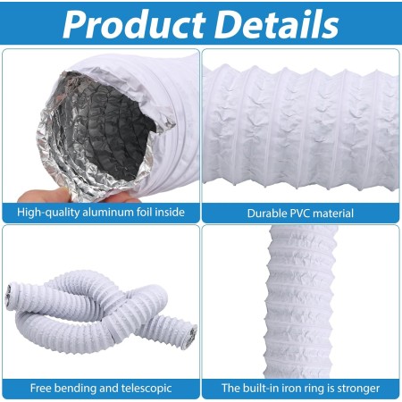 Manguera de Ventilación Flexible Ø125mm 2,5m PVC Tubo Salida de Aire Aluminio con Cinta de Aluminio 50mm x5m y 2 Abrazaderas de