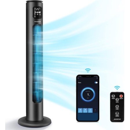 Aigostar Smart Tower Fan with Remote Control, 102 cm, WiFi+Bluetooth, LED Display, 3 Speeds, 3 Modes, 24 H Timer, Oscillating,