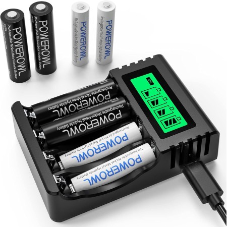 POWEROWL Cargador Rápido de Pilas con 4 Piezas AA 2800mAh Pilas Recargables y 4 Piezas AAA 1000mAh Ni-MH Baterías Recargables