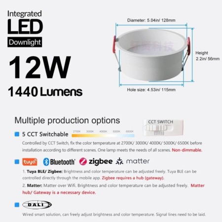 Tuya Zigbee/ DALI/ Matter/5 CCT commutable empotrado antideslumbrante 