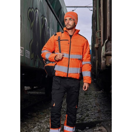 WORKTEAM Cazadora Acolchada Alta Visibilidad y Cintas Reflectantes Inclinadas con Capucha Interior. Unisex