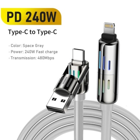TUTI 4 en 1 Cable de carga rápida USB PD240W con luz ambiental colorid
