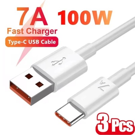 3 uds Super rápido 7A 100W Cable tipo C Cable de datos de carga rápida