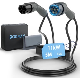 bokman EV Cable de Carga Tipo 2, Modo 3 /16A / 11kW / Trifásico / 5 Metros, Cable de Carga Rápida Híbrido Enchufable para