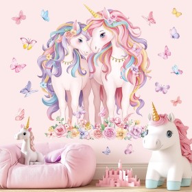 decalmile Pegatinas de Pared Infantiles Unicornio Grande Vinilos Decorativos Unicornio Flore Rosa Mariposa Adhesivos Pared