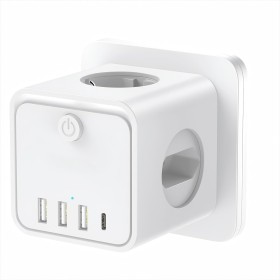 Cubo Enchufe 7 en 1，Ladron Enchufes Múltiple con 2 Europea y 1 Toma Schuko CA Regleta con 4 USB, Cubo Enchufe Multiple Pared con