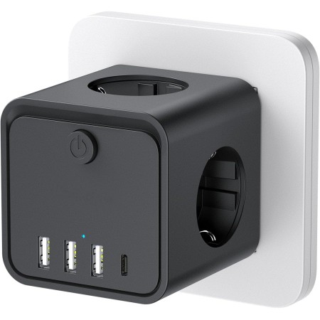 Cubo Enchufe USB 7 en 1, Ladron Enchufes Múltiple Tomas Regletas Enchufes Cubo con 3 AC 16A, 3 USB-A y 1 USB-C 3A, Cubo Enchufe