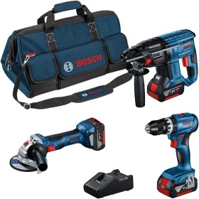 Bosch Professional 18V System GSB 18V-45 + GBH 18V-21 + GWS 18V-7 (125) - Set taladro + martillo + amoladora (3 baterías 4.0Ah,