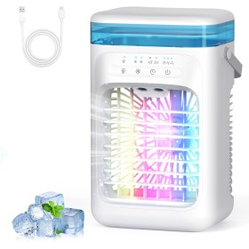 SWGOTA Aire Acondicionado Portatil Mini, 5 en 1 Enfriador de Aire Pequeño, Tanque de 1000m, 3 Velocidades, 2 Nebulización, 2-4H