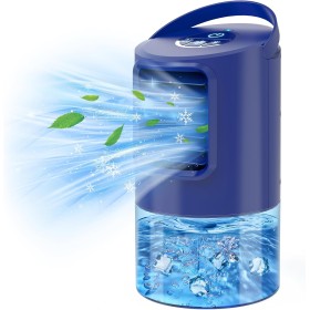 Aire acondicionado portátil 5 en 1 azul con refrigeración, ventilador y humidificador, 3 velocidades iluminación LED de 7