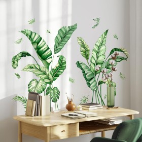 Calcomanías de pared de hojas de palma tropicales, calcomanías de pared de plantas verdes grandes, calcomanías de vinilo para