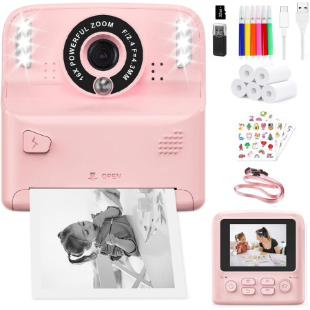 PHNIXGAM Cámara instantánea para niños con 2 Flash, cámara Digital, cámara Infantil, cámara de Fotos HD de 2,4 Pulgadas, Regalo