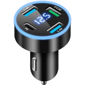 4 Puertos Cargador Movil Coche, 50W QC3.0 & PD Cargador Mechero Coche USB Carga Rapida Cargador USB Coche con Voltímetro LED