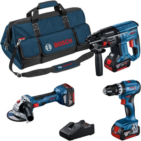 Bosch Professional 18V System GSB 18V-45 + GBH 18V-21 + GWS 18V-7 (125) - Set taladro + martillo + amoladora (3 baterías 4.0Ah,