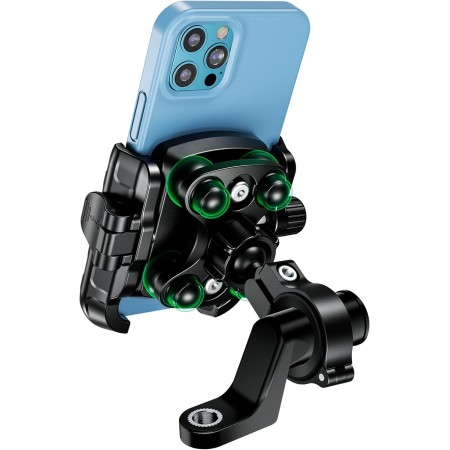 MOGGAM Soporte movil moto y scooter antivibración con cuerpo y anilla de aluminio para montaje en manillar y espejo retrovisor -