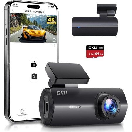 Cámara de Coche WiFi GKU Dashcam UHD 4K 2160P con Tarjeta 64G, Super Visión Nocturna, WDR, Diseño Ultra-Compacto, Gran Angular