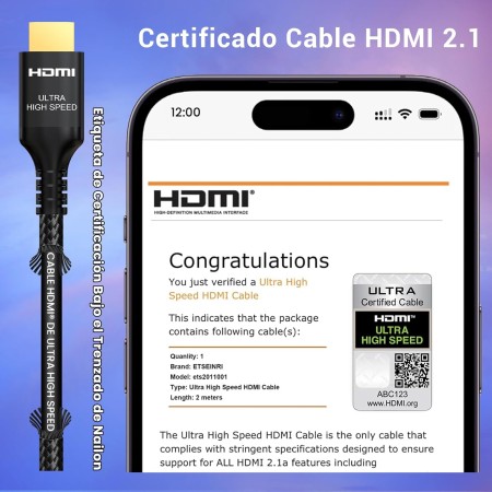 Etseinri 10K 8K Cable HDMI 2.1 1M, Certificado 48Gbps Ultra Alta Velocidad HDMI® Cable 4K 240Hz 165Hz 144Hz 120Hz 8K 60Hz 4:4:4