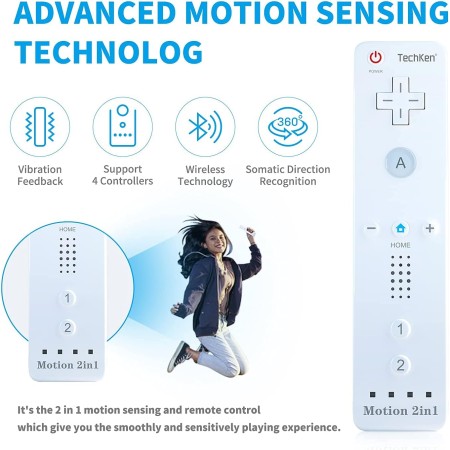 TechKen Pack de 2 Mandos para Wii,Wii Mando a Distancia Remote Controller para Wii con Motion Plus