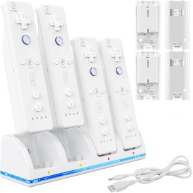 Estación de Carga 4 en 1 para Mandos Wii/Wii U | Incluye 4 Baterías Recargables de 2800mAh y Cable USB (Mandos No Incluidos)