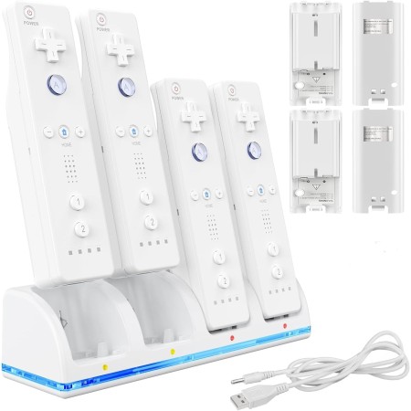 Estación de Carga 4 en 1 para Mandos Wii/Wii U | Incluye 4 Baterías Recargables de 2800mAh y Cable USB (Mandos No Incluidos)