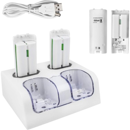 TechKen Wii Controller Charger, Estación de Carga para 2 Mandos de Wii y 2 Akkus Wii Wiimote Charging Station con 4 Baterías de