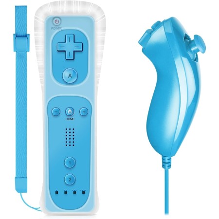 Pack Mando Wii Remote con Wiimotionplus Incorporado + Nunchuck Compatible Wii Azul