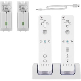 SANON Estación de Carga para Mando Wii, Estación de Carga 2 en 1 para Mando Wii de Cargador de 2 Puertos con 2 Pilas Recargables