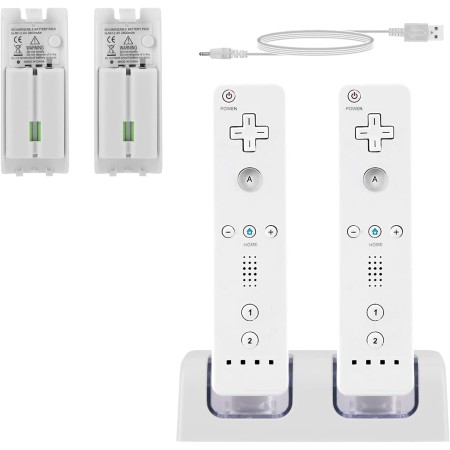 SANON Estación de Carga para Mando Wii, Estación de Carga 2 en 1 para Mando Wii de Cargador de 2 Puertos con 2 Pilas Recargables