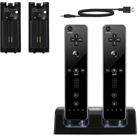 SANON Estación de Carga para Mando Wii, Estación de Carga 2 en 1 para Mando Wii de Cargador de 2 Puertos con 2 Pilas Recargables