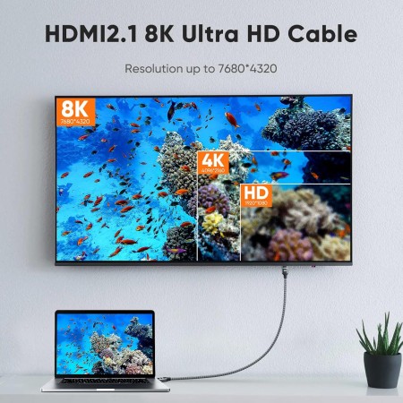 ARISKEEN Cable HDMI 2.1 8K 2.5M, 48Gbps Cable HDMI Trenzado de Nailon de Alta Velocidad, Soporta 8K@60HZ, 4K@120Hz, Compatible