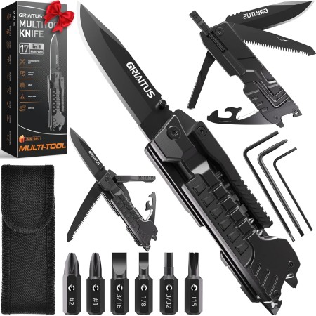 Navaja Multiusos 17en1 Herramientas Multiusos Cuchillo con Palillos para Encender Fuego, Abrelatas, Sierra, Silbato, Regalos