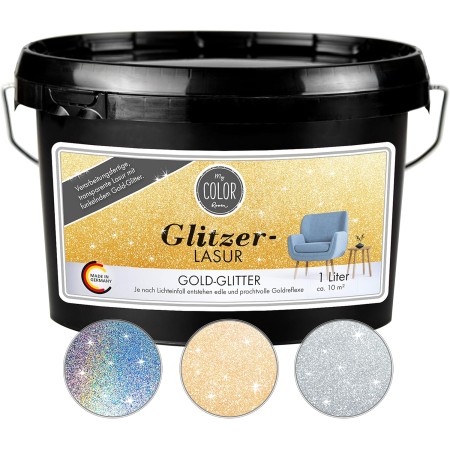 My COLOR Room Barniz con purpurina (1000 ml, dorado), color transparente para decoración de paredes con efecto de purpurina para