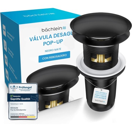 Bächlein Desagüe Universal con Rebosadero para Lavabo & Lavamanos - Válvula Pop Up Automática Negra Mate - Incl. 3 Juntas para