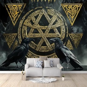 Papel pintado no tejido Runas Vikingas Simples Cuervos Revestimiento de paredes decoración salón dormitorio 200 x 140 cm