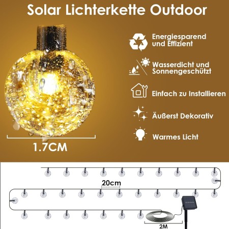 Guirnaldas Luces Exterior Solar, 12M 60 LED Guirnalda Luces Solares, IP65 Impermeable 8Modes Función Memoria Cadena de Luz Solar