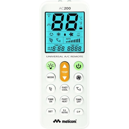 Meliconi AC 200 – Universal Remote Control for Air Conditioners, Compatible with Most Brands, Backlit Display, Torch Function,