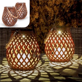 Gadgy Faroles Solares Exterior, Set de 2 Faroles de Ratán, Lámparas de Mesa LED Decorativas para Jardín, Balcón y Terraza -