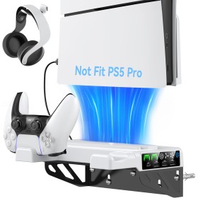 Tokluck Soporte Pared para PS5/ Slim, Soporte PS5 con Ventilador de Refrigeración y Cargador de Mando para Playstation 5, Base