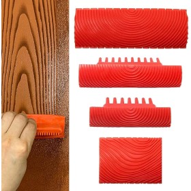 Herramienta de veta de madera, herramienta de pintura de goma para decoración de pared DIY, 4 unidades, color rojo