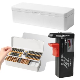 Umllpet Caja de almacenamiento de pilas de plástico, Caja de almacenamiento de batería con Probador de batería, Organizador para