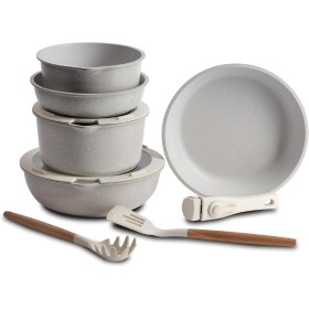 Bergner | Batería Cocina 10 Piezas | Mango Extraíble | 3 Sartenes, 2 Cazos, Tapas & Utensilios | Aluminio Fundido Revestimiento