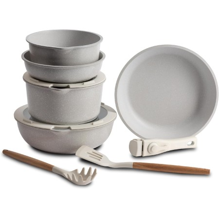 Bergner | Batería Cocina 10 Piezas | Mango Extraíble | 3 Sartenes, 2 Cazos, Tapas & Utensilios | Aluminio Fundido Revestimiento