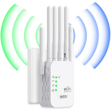 Repetidor WiFi, Potente Amplificador de señal WiFi, 6 Antenas, 2 Puertos LAN, Cobertura de hasta 1200 Metros Cuadrados,