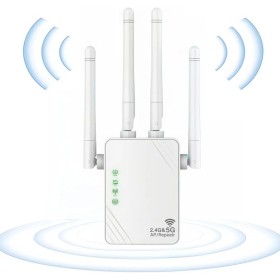 AILKIN Repetidor WiFi, Amplificador Wi-Fi Blanco 1200Mbps Doble Banda 2.4G/5G, Amplificador WiFi, 2 Puertos LAN/WAN, 4 Antenas,