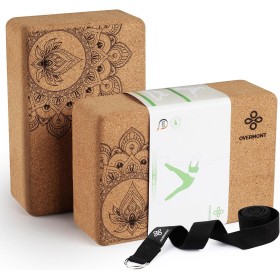 Overmont Baldosas de Yoga de Corcho，2 Yoga Block Natural Ecológico,con correas para yoga, pilates, fitness en general y