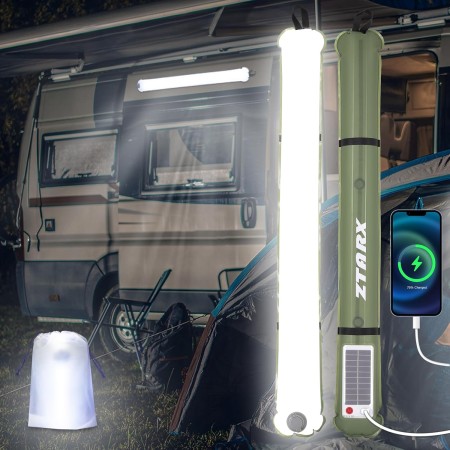 Qoolife LED Lámpara Camping Recargable, 2000mAh Linterna de Plegable Inflables Solar Camping de Energía con 2 Métodos de Carga