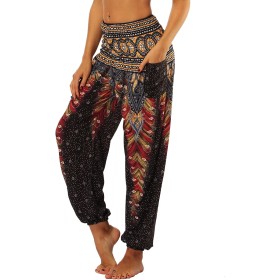 Nuofengkudu Mujer Pantalones Hippies Tailandeses Estampado Verano Cintura Alta Elastica con Bolsillos para Yoga Casual